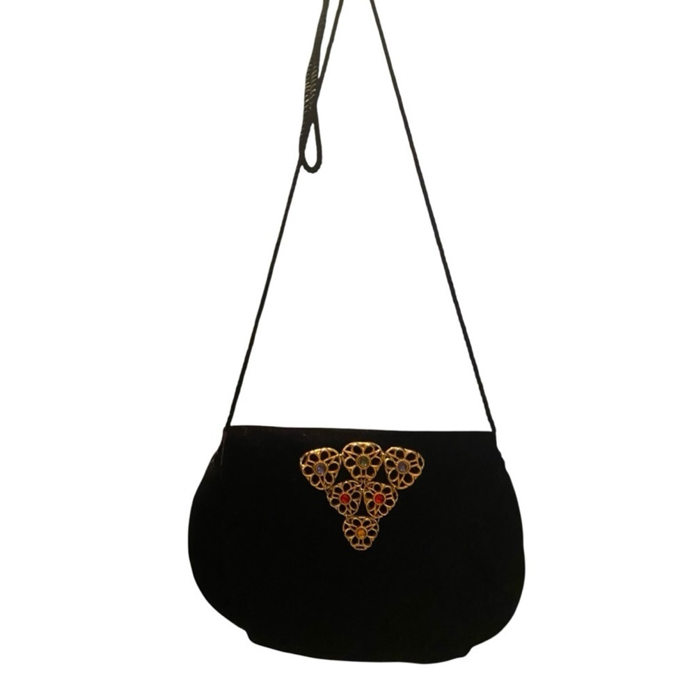 Vintage Women’s Black Velvet Velour Long Crossbody Purse Rhinestones